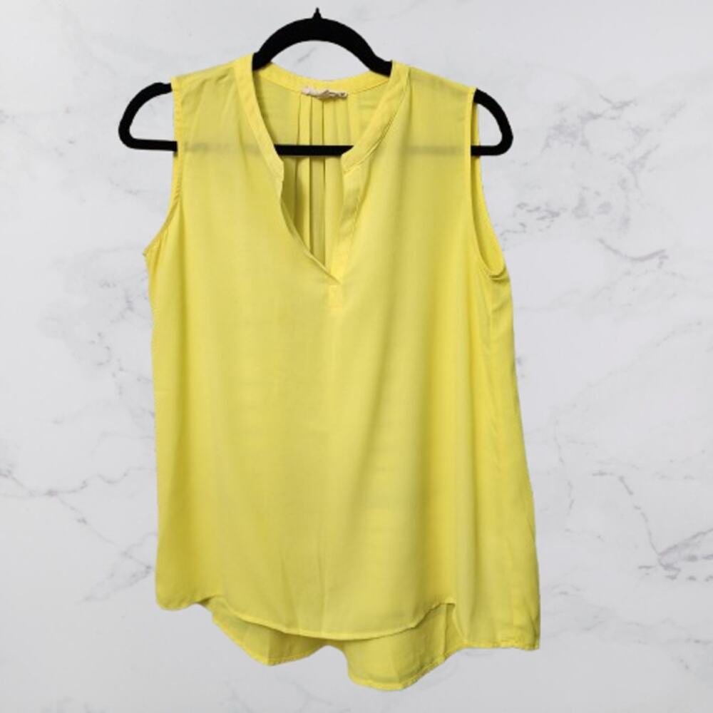 Anthropologie Pleione Sheer Sleeveless Split Neck Yellow Top Small